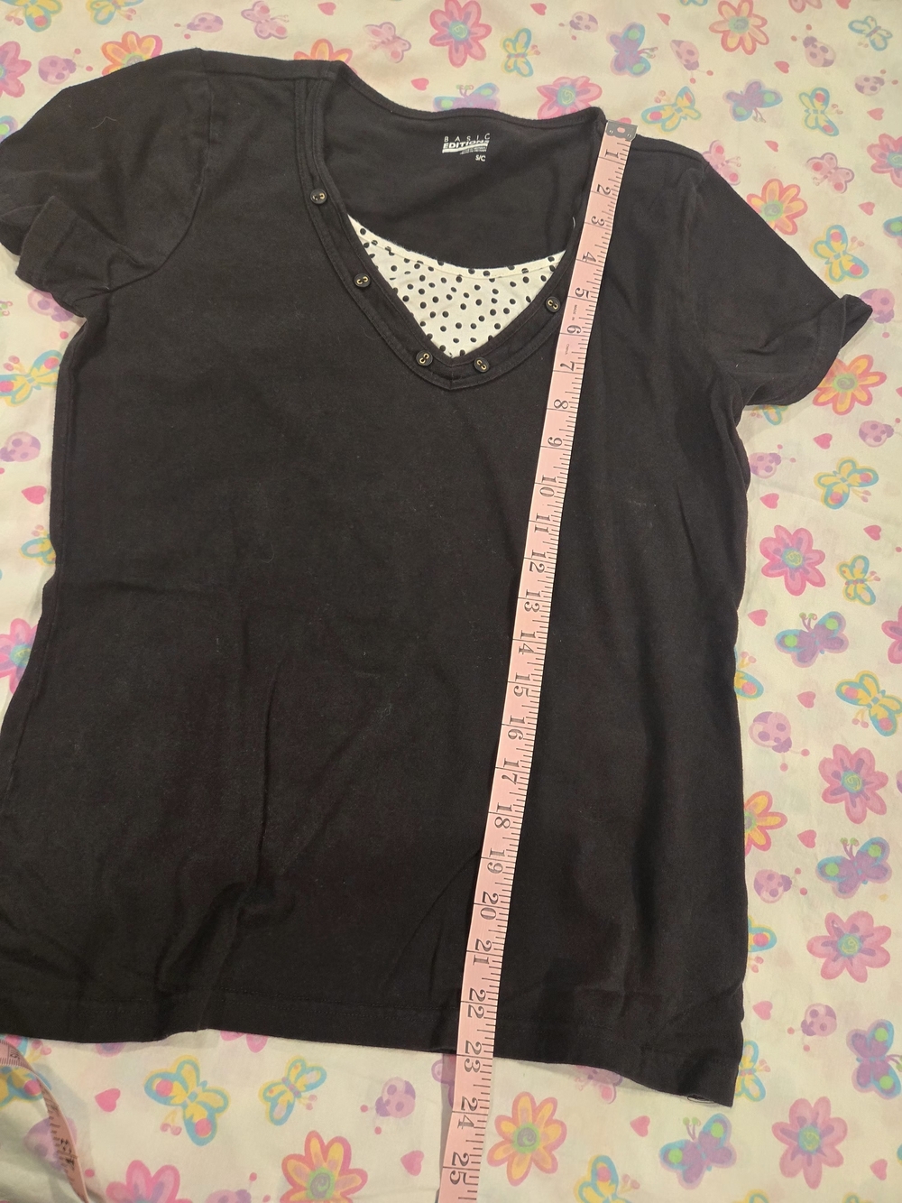 Black Women's V-Neck Tee with Polka Dot Inset